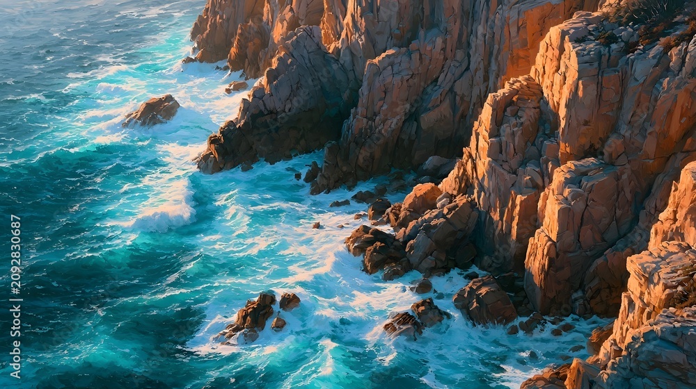 Fototapeta premium Aerial View of Coastal Cliffs with Crashing Turquoise Waves