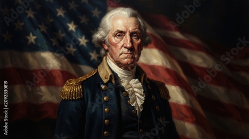 A classic portrait painting of George Washington in military uniform
