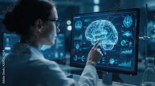 Advanced medical technology visualization of brain anatomy and data analysis.