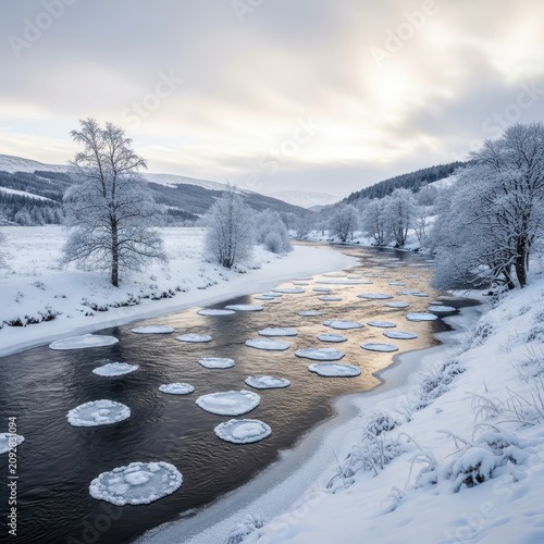 Frozen River with Ice Discs in Winter Landscape.