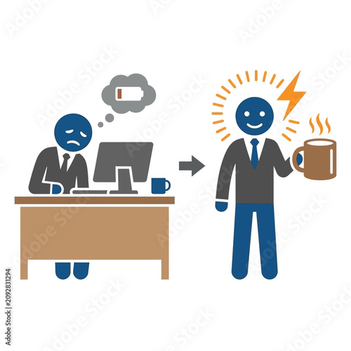 A tired office worker gains energy after drinking a hot cup of coffee