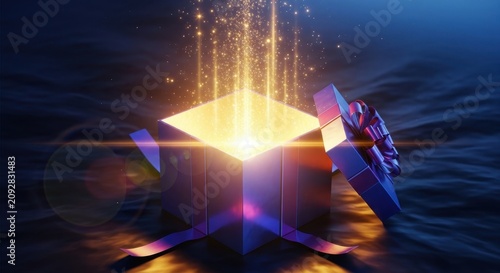 Futuristic glowing cube with light beams over water.