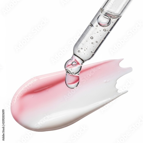 Glass dropper dispensing pink liquid onto white surface.