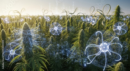 Glowing Cannabis Field with Digital Energy Patterns.