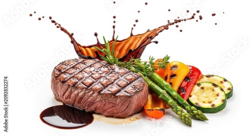 Grilled steak with fresh vegetables and sauce splash.