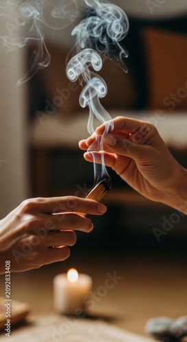 Hands holding burning incense stick with rising smoke.