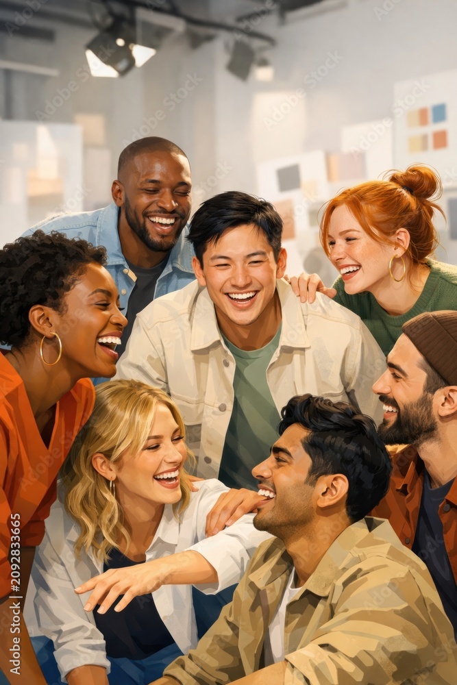 Fototapeta premium Diverse group of people laughing together in a bright, modern setting.