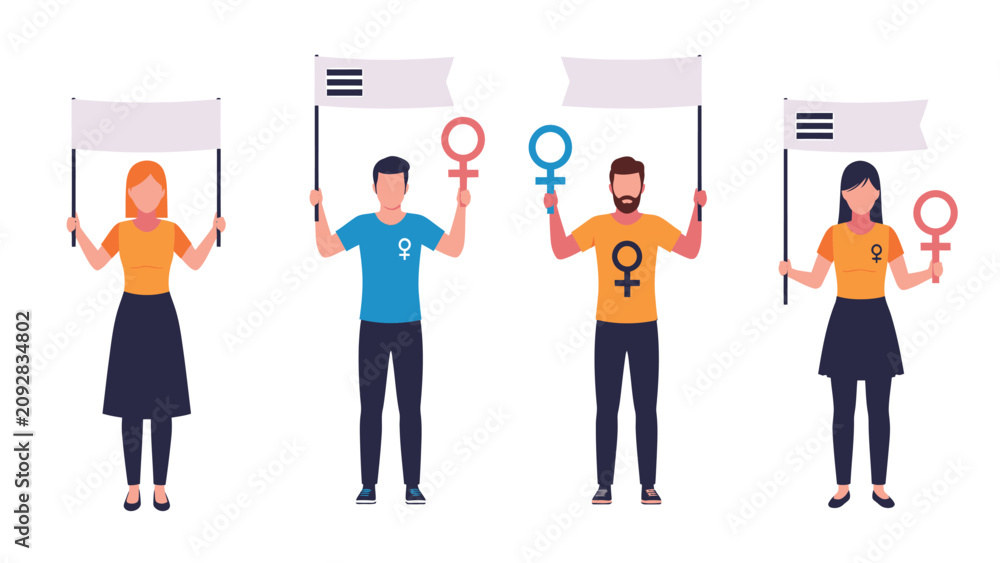 Fototapeta premium Diverse group of people holding protest signs and gender symbols, advocating for equality and rights.