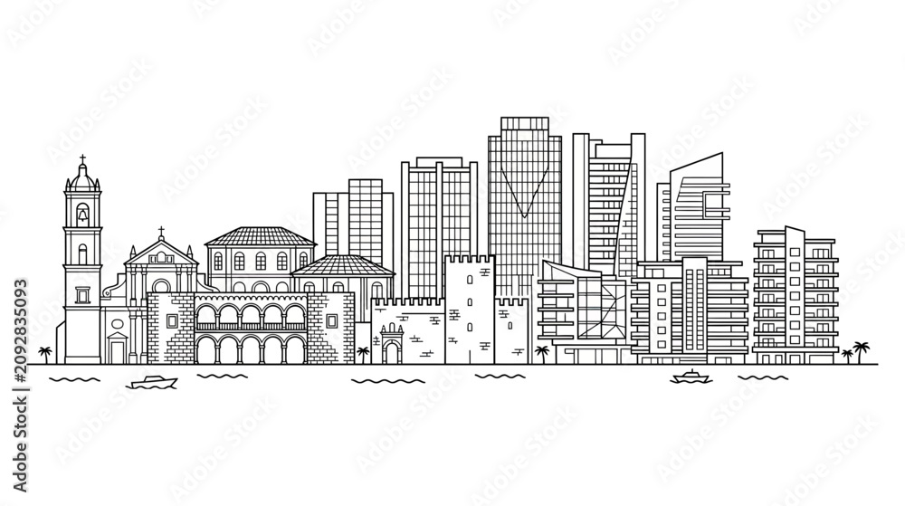 Fototapeta premium Modern City Skyline Outline - Contemporary Urban Architecture and Historic Buildings