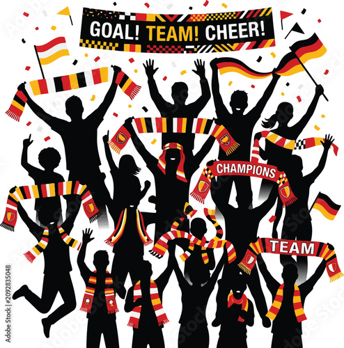 Cuadro en lienzo Cheering sports fans silhouettes with scarves, goal team and champions celebrati