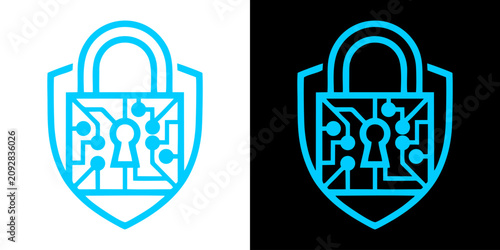 Schilderij op canvas Digital security shield and padlock icon illustrating robust cyber protection, d