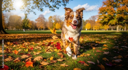 Happy dog running through autumn leaves in park.