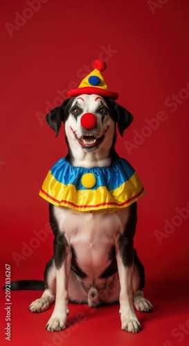 Happy Dog Wearing Colorful Clown Costume on Red Background.