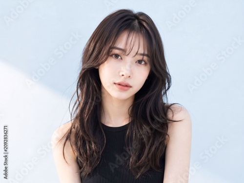 黒いノースリーブを着た若いアジア人女性の透明感ある美肌とロングウェーブヘアが美しいビューティーポートレート、ヘアケア広告向け