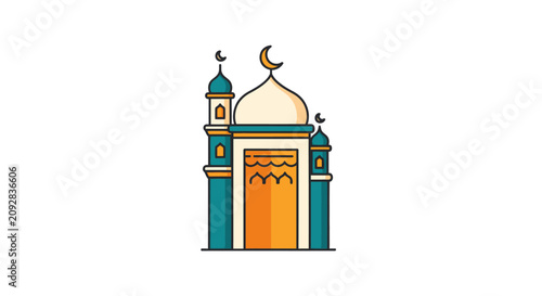 Islamic mosque illustration with crescent moon and minarets isolated on white