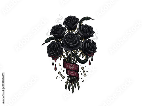 Fotografie Design Of A Demonic Rose Bouquet With Black Roses Coiling Snakes Occult Sigils O