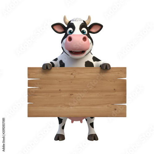 Cheerful anthropomorphic cartoon holstein cow character with wide smile, full body, holding blank rustic wooden sign, isolated on transparent background with copy space, advertising mascot concept