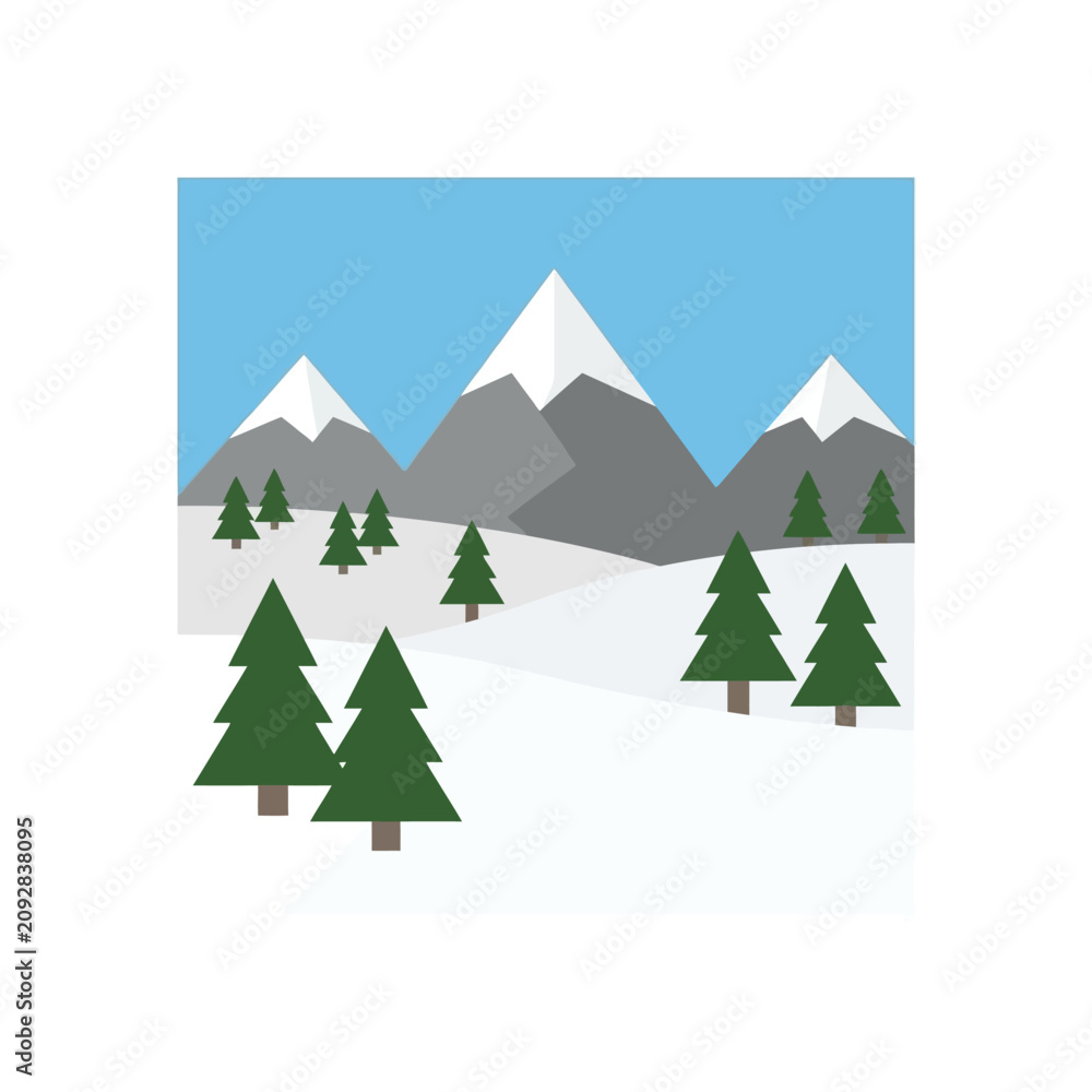 Fototapeta premium A flat vector illustration of a snowy mountain landscape with pine trees