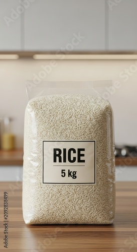 Five kilogram bag of white rice on wooden table.
