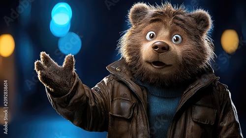 Anthropomorphic Brown Bear Character in Winter Jacket