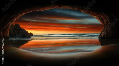 Dramatic Sunset Seen Through a Natural Rock Cave Arch at the Beach