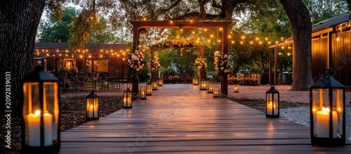 Outdoor Wedding Ceremony Aisle with Fairy Lights and Lanterns