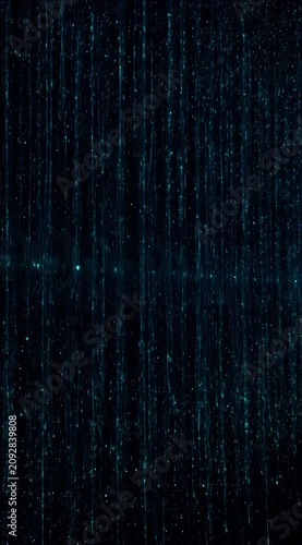 Abstract flowing cyan particles in dark space, digital data stream, networking communication, technology background