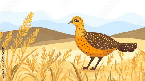 A stylized illustration features a bird in a field with wheat. Background hills and blue sky