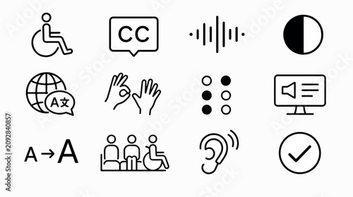 Collection of accessibility icons representing various needs including mobility, hearing, vision,.