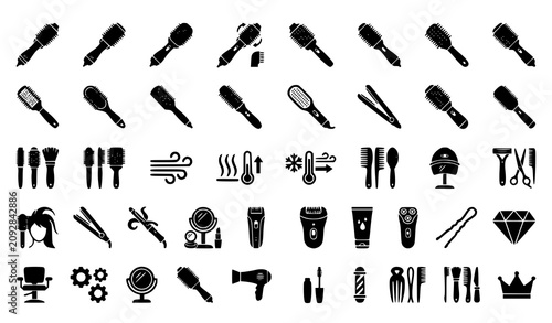 Black silhouette icons set hairdressing barber beauty salon equipment