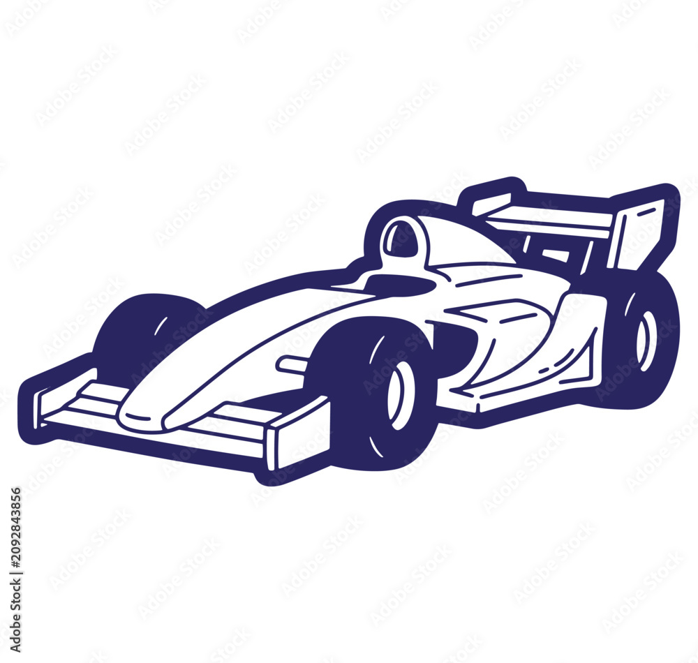 Fototapeta premium Simple illustration of a modern formula one race car in a bold blue and white design