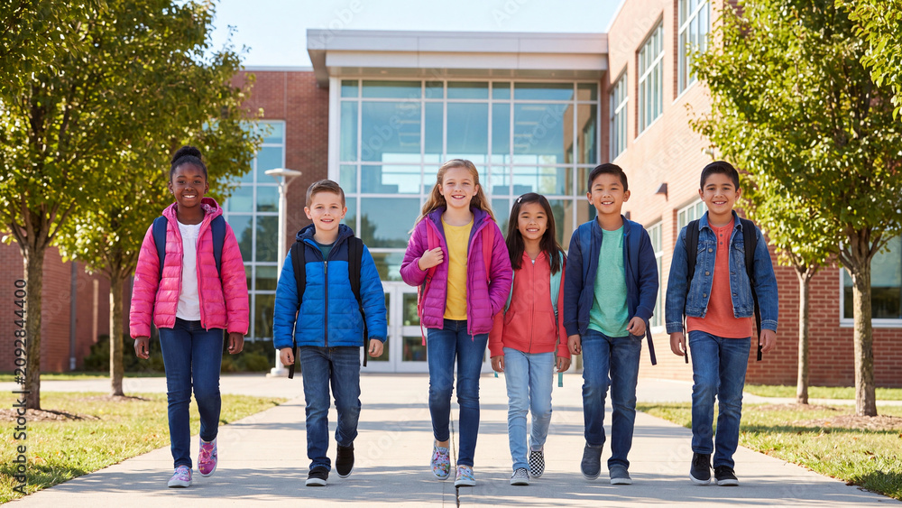 Fototapeta premium Group of diverse elementary school children walk together on a paved path toward the glass entrance of a modern school building on a sunny day.