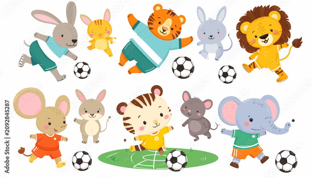 Obraz premium Cute Cartoon Animal Characters Playing Soccer Set