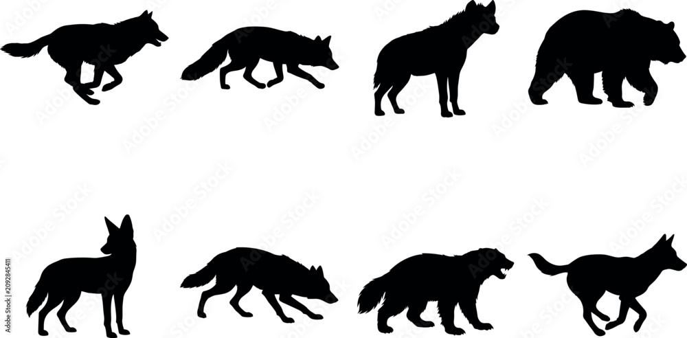 Obraz premium Wild predators and carnivore animals silhouettes set of wolf fox bear and hyena vector icons