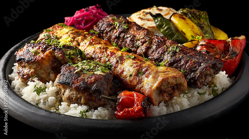 Juicy Grilled Lamb Chops and Pork Ribs with Roasted Vegetables on White Plate Gourmet Barbecue Dinner Meal
