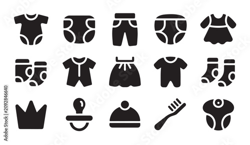 Selection of baby clothes and daily essentials icons like diapers hats and accessories.