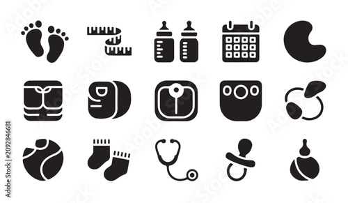 Baby health and development icons showing growth monitoring and infant accessories in black.