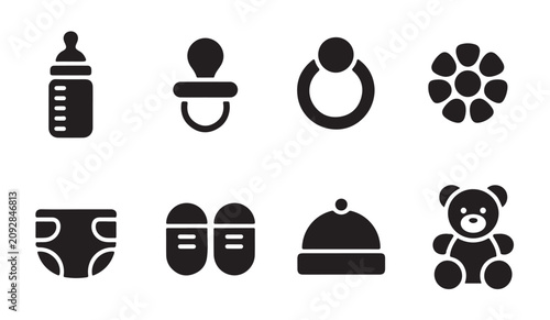 Set of baby care icons featuring feeding bottle pacifier toys diaper shoes and winter hat.