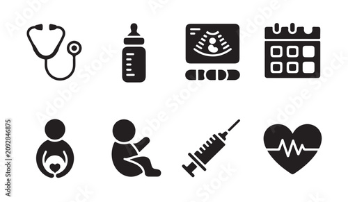 Fotografie Obstetrics and fetal health monitoring icons illustrating pregnancy journey and diagnostics