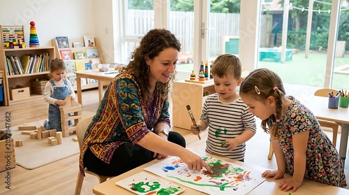 Adult and children engaging in creative activity indoors