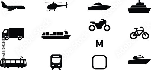 Foto Set of black silhouette icons representing various modes of transportation with
