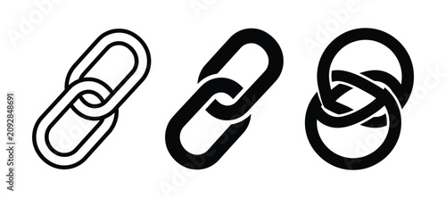 Set of three black and white chain link icons with connected connection internet hyperlink interlocked communication