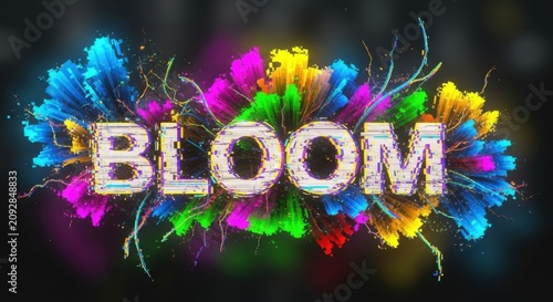 Colorful Bloom Text with Vibrant Particle Effects.