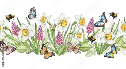 Colorful Spring Garden with Butterflies and Flowers.