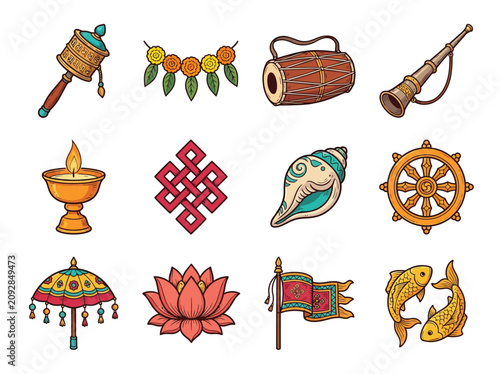 Canvastavla Himalayan Festival Symbols Grid With Prayer Wheel, Drum, And Cultural Icons For