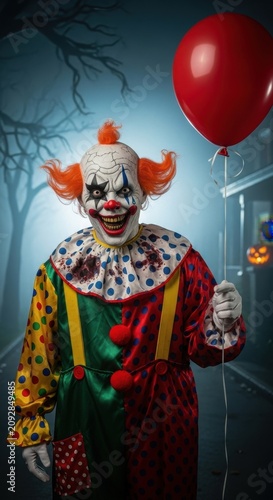 Creepy clown holding red balloon in dark forest.