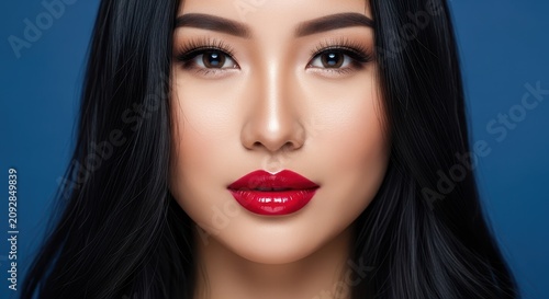 Elegant woman with dark hair and red lipstick portrait.