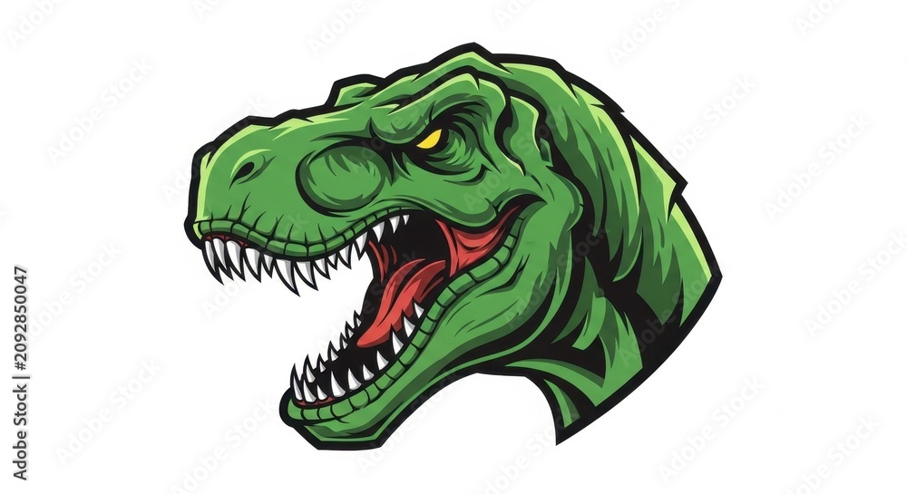 Naklejka premium Fierce Green Dinosaur Head Illustration with Sharp Teeth.