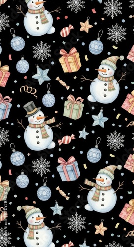 Festive Snowmen and Christmas Decorations on Dark Background.