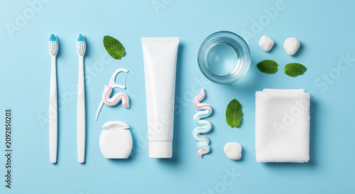 Flat lay of dental hygiene and skincare products on blue background.